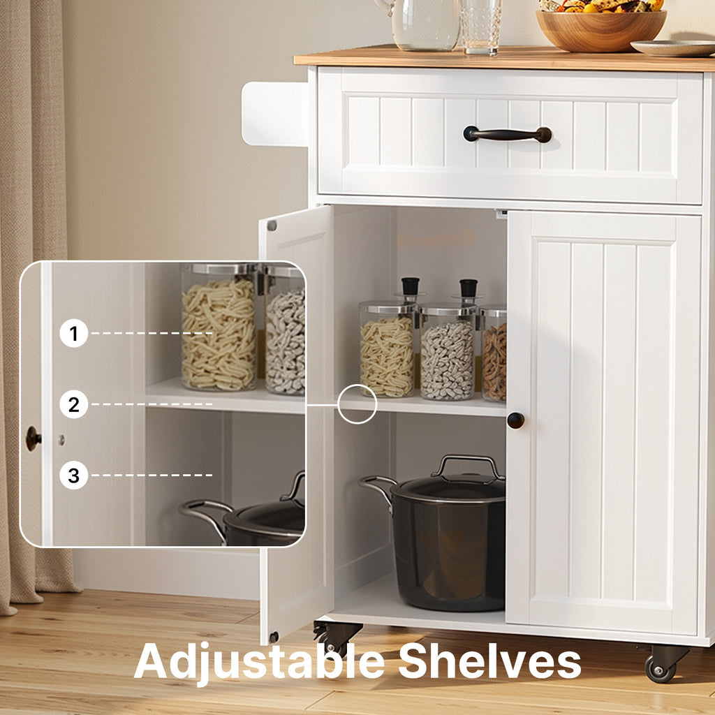 Bealife AK61 Desserte de cuisine mobile, Chariot de service avec plan de travail, 1 tiroir, étagère à épices et porte-serviettes