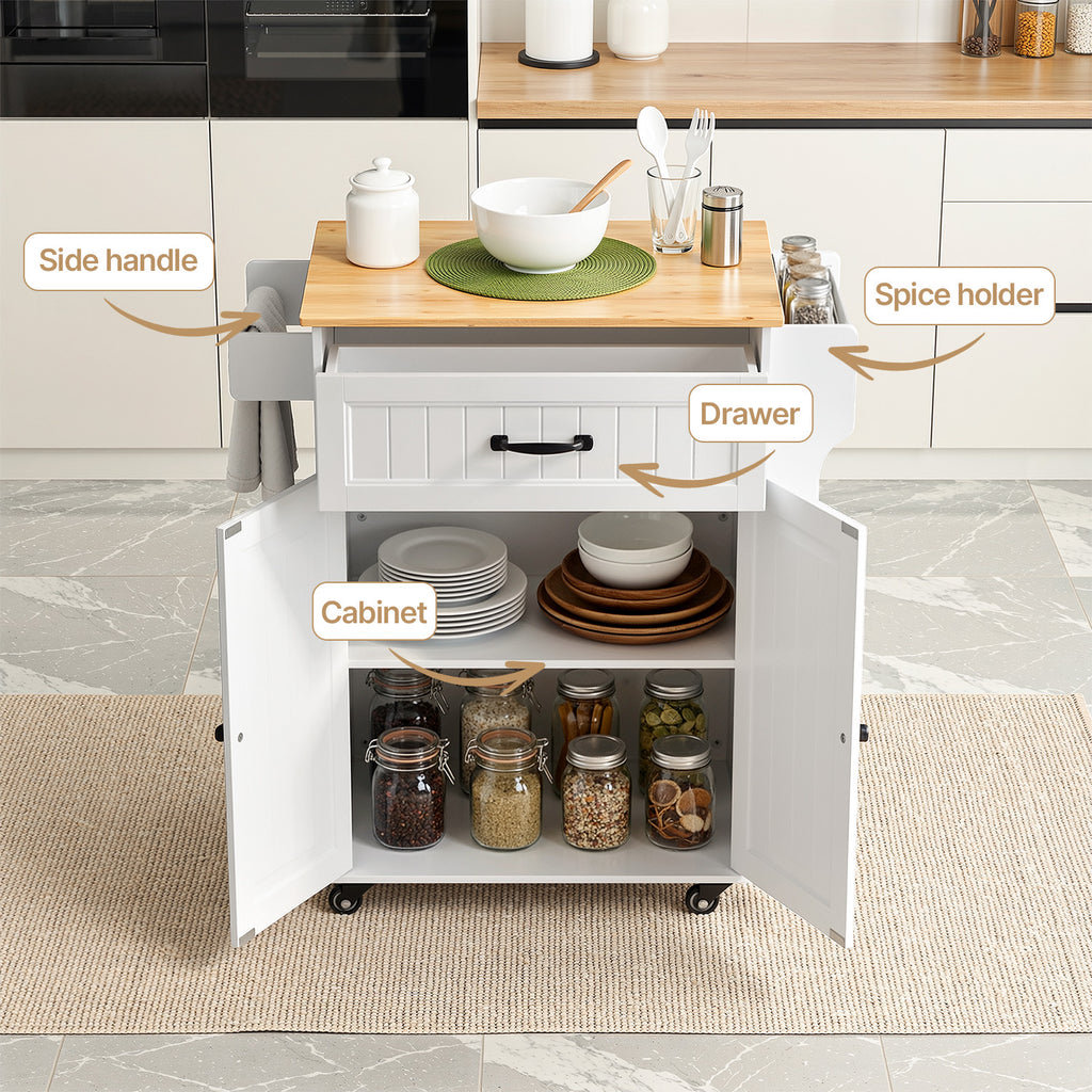 Bealife AK61 Desserte de cuisine mobile, Chariot de service avec plan de travail, 1 tiroir, étagère à épices et porte-serviettes