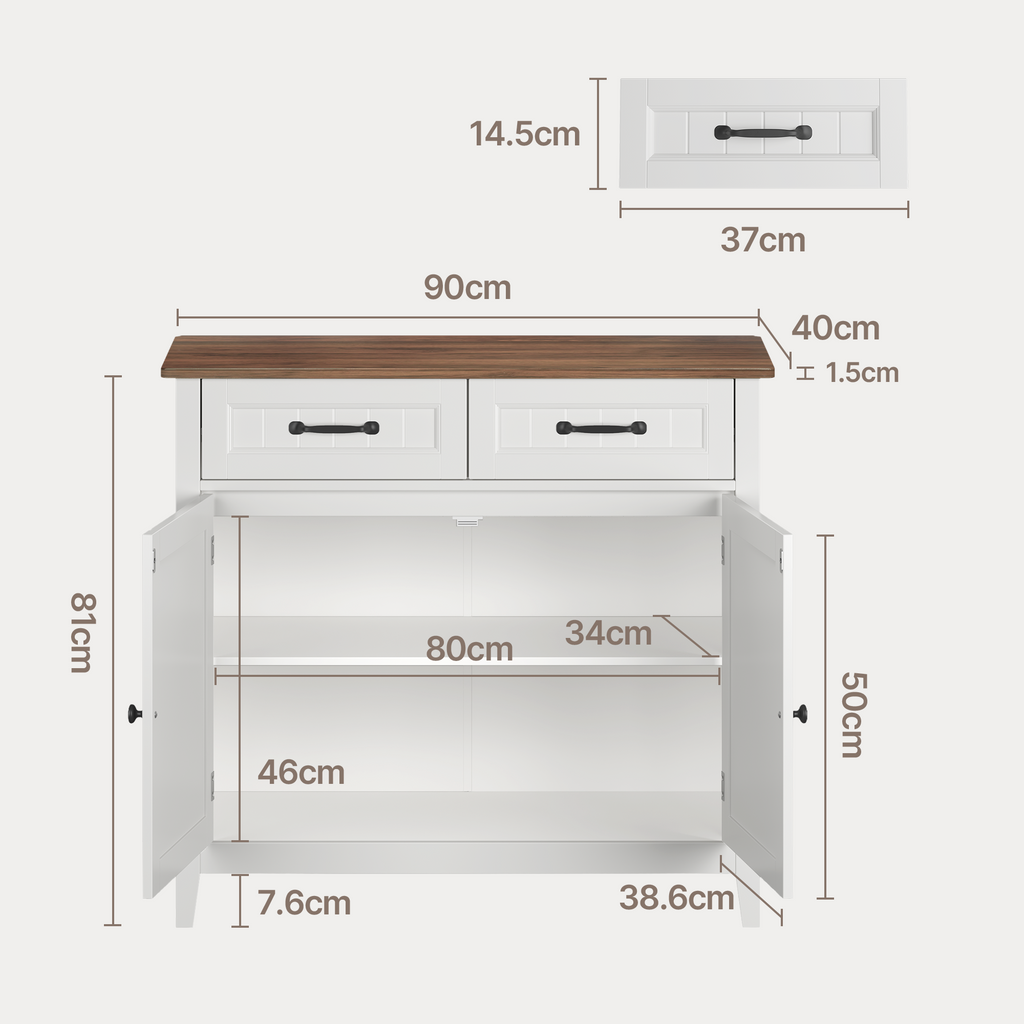 Bealife AP30 Buffet de cuisine, Bahut au design rétro avec 2 tiroirs, réglable en hauteur et pouvant servir de casier à vin