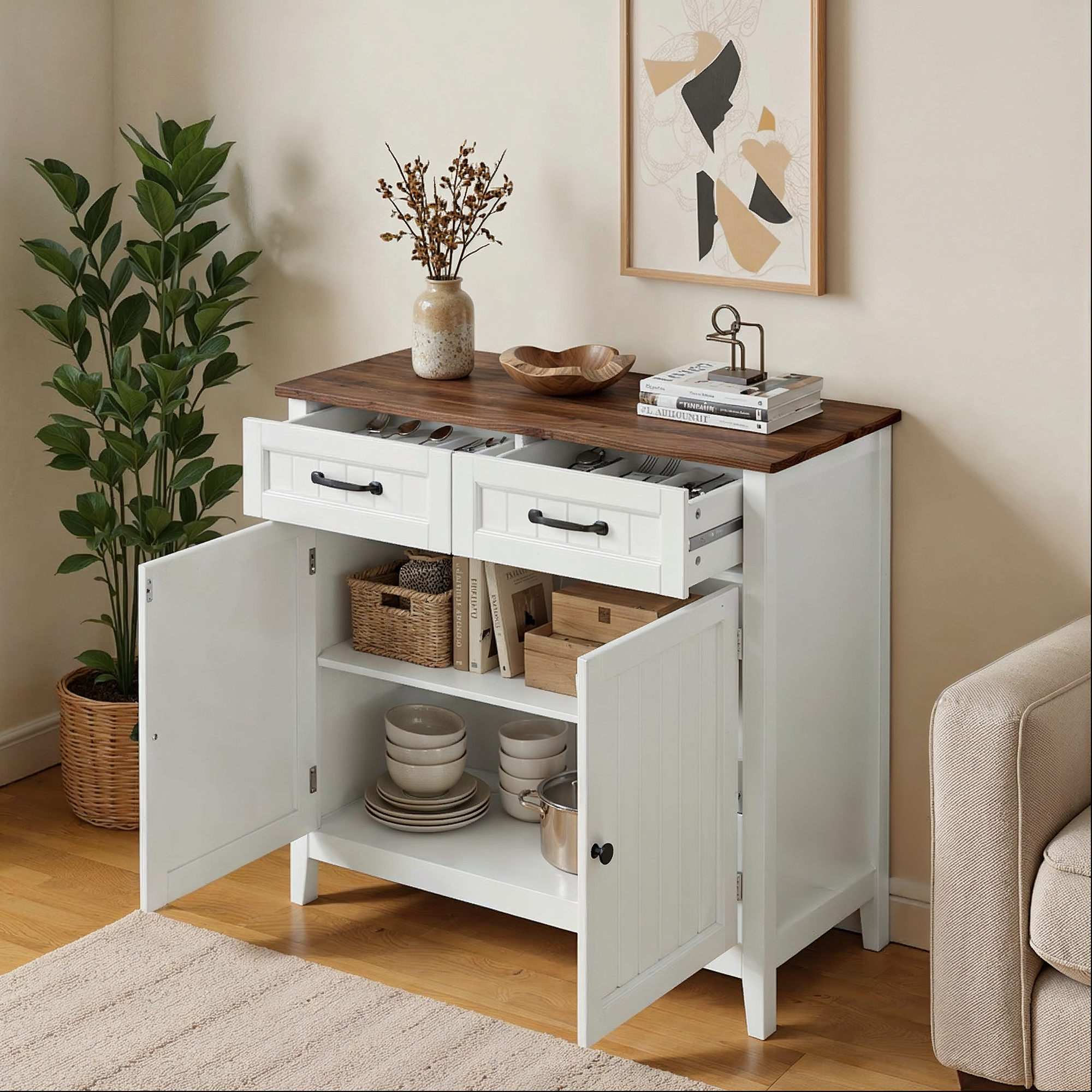 Bealife AP30 Buffet de cuisine, Bahut au design rétro avec 2 tiroirs, réglable en hauteur et pouvant servir de casier à vin