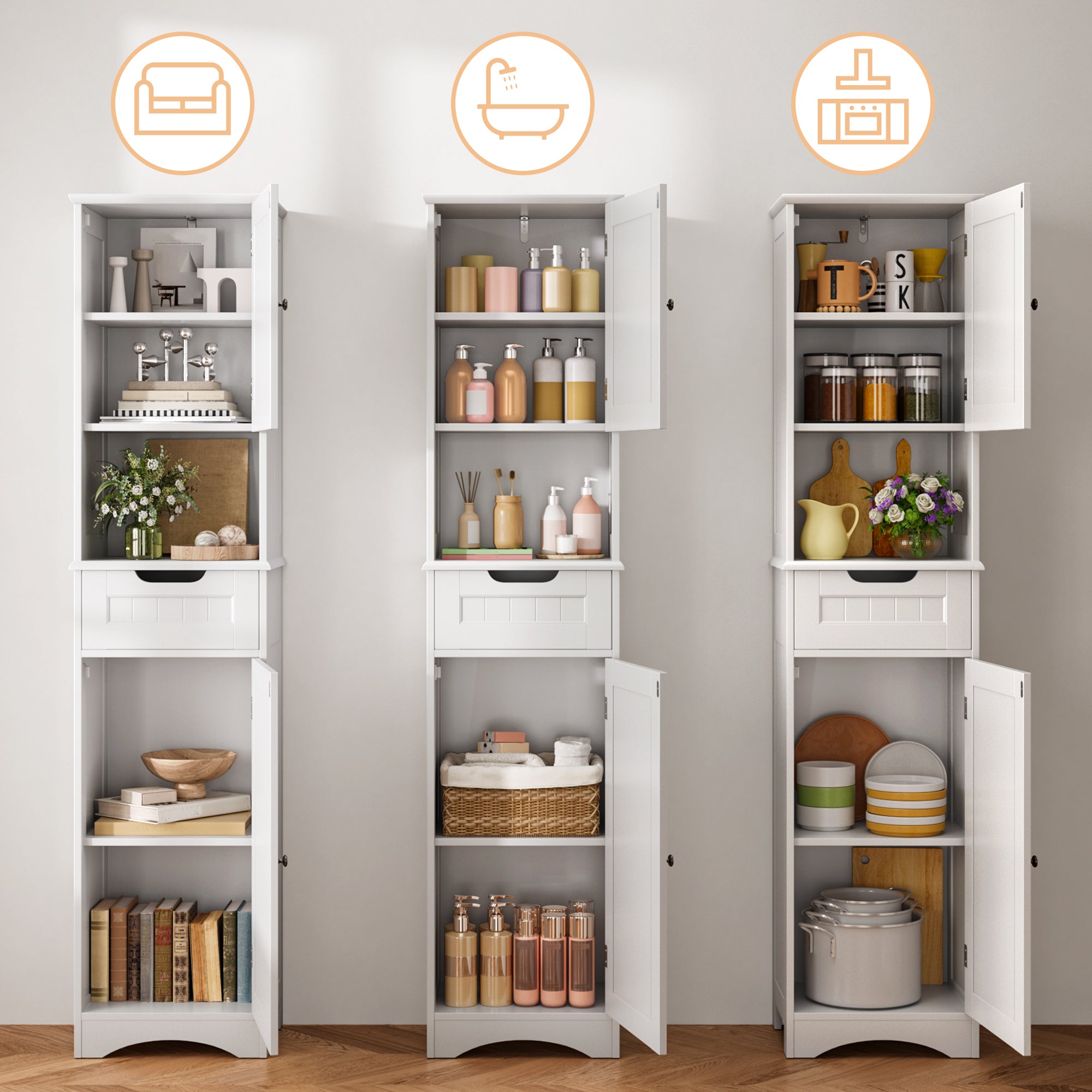 Bealife AP13 Slim Bathroom Cabinet 170 cm – Height-Adjustable Shelves and Anti-Tip Device