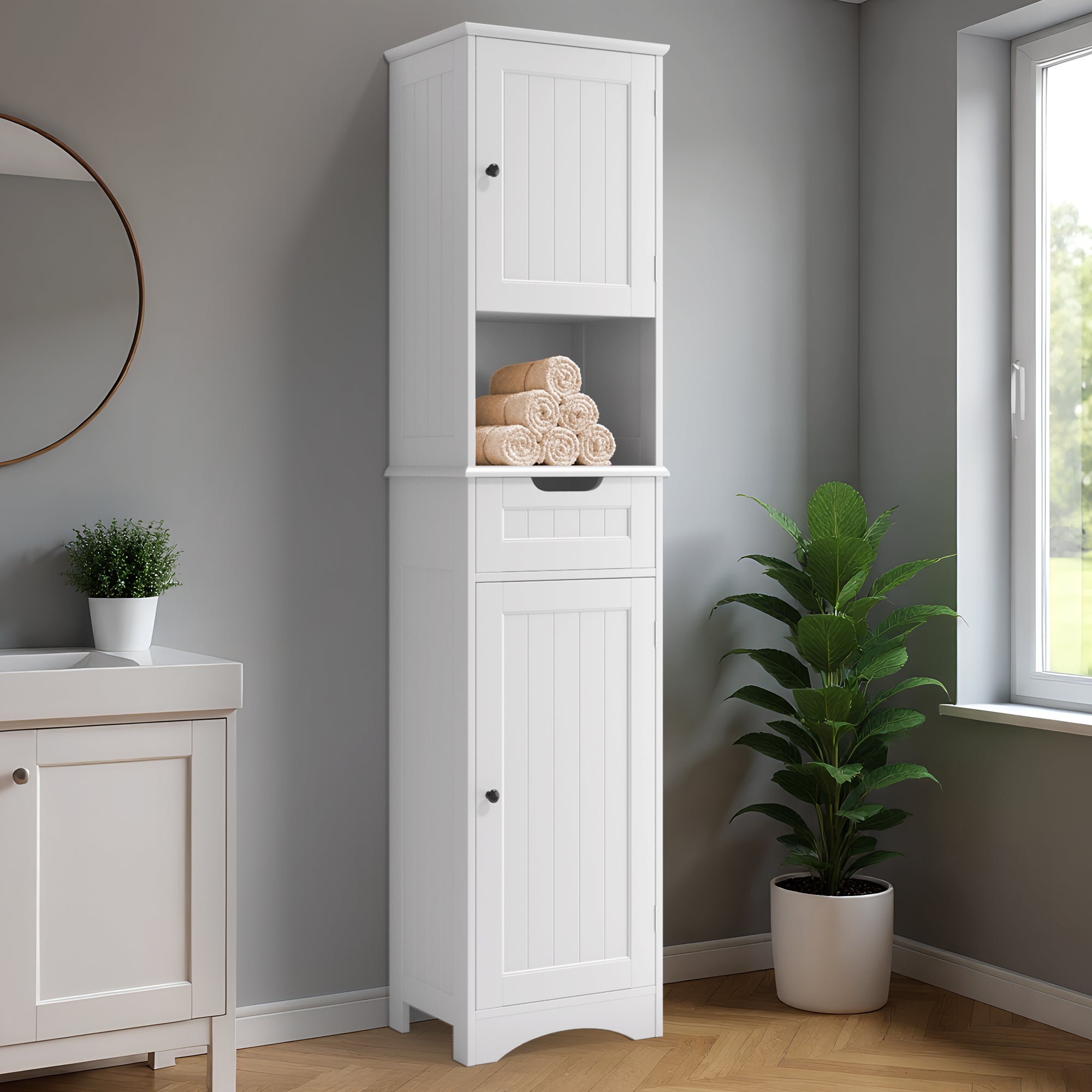 Bealife AP13 Colonne de salle de bain étroite 170 cm – Étagères réglables en hauteur et dispositif anti-basculement