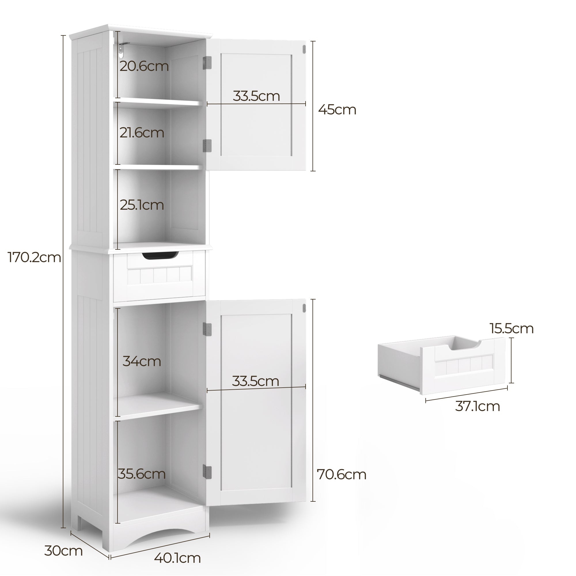 Bealife AP13 Colonne de salle de bain étroite 170 cm – Étagères réglables en hauteur et dispositif anti-basculement