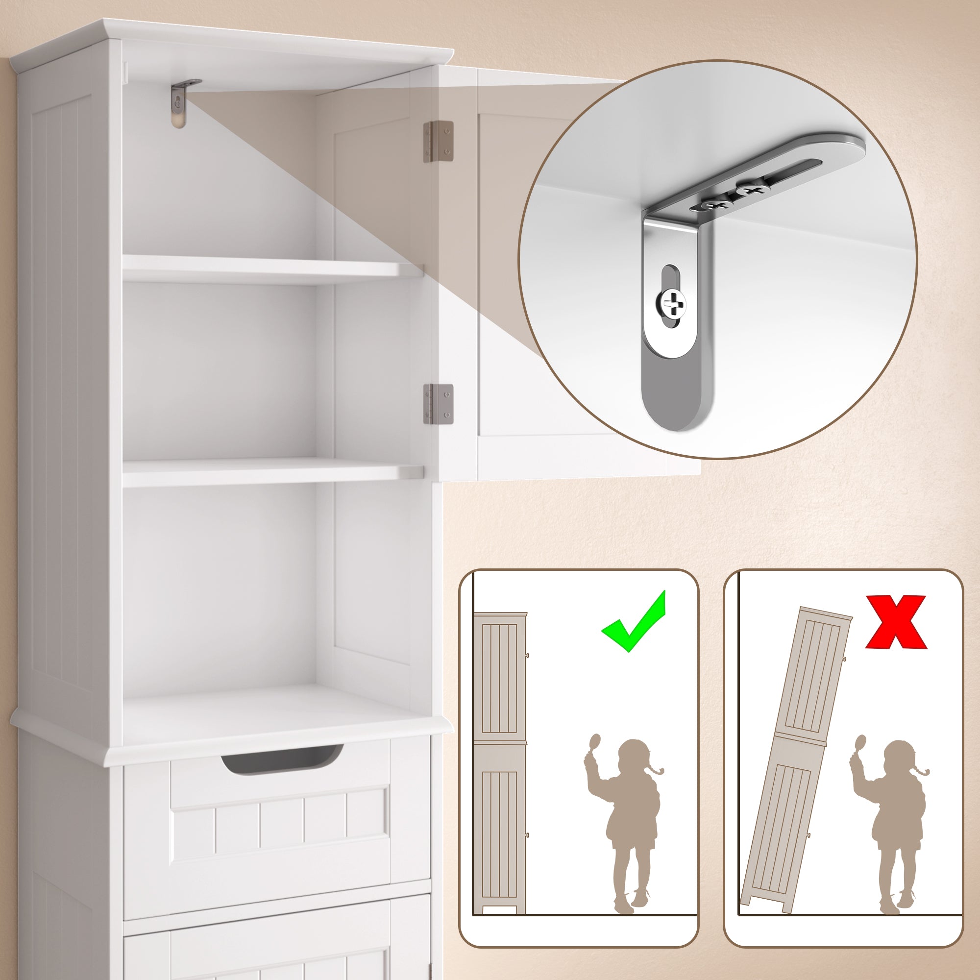 Bealife AP13 Slim Bathroom Cabinet 170 cm – Height-Adjustable Shelves and Anti-Tip Device