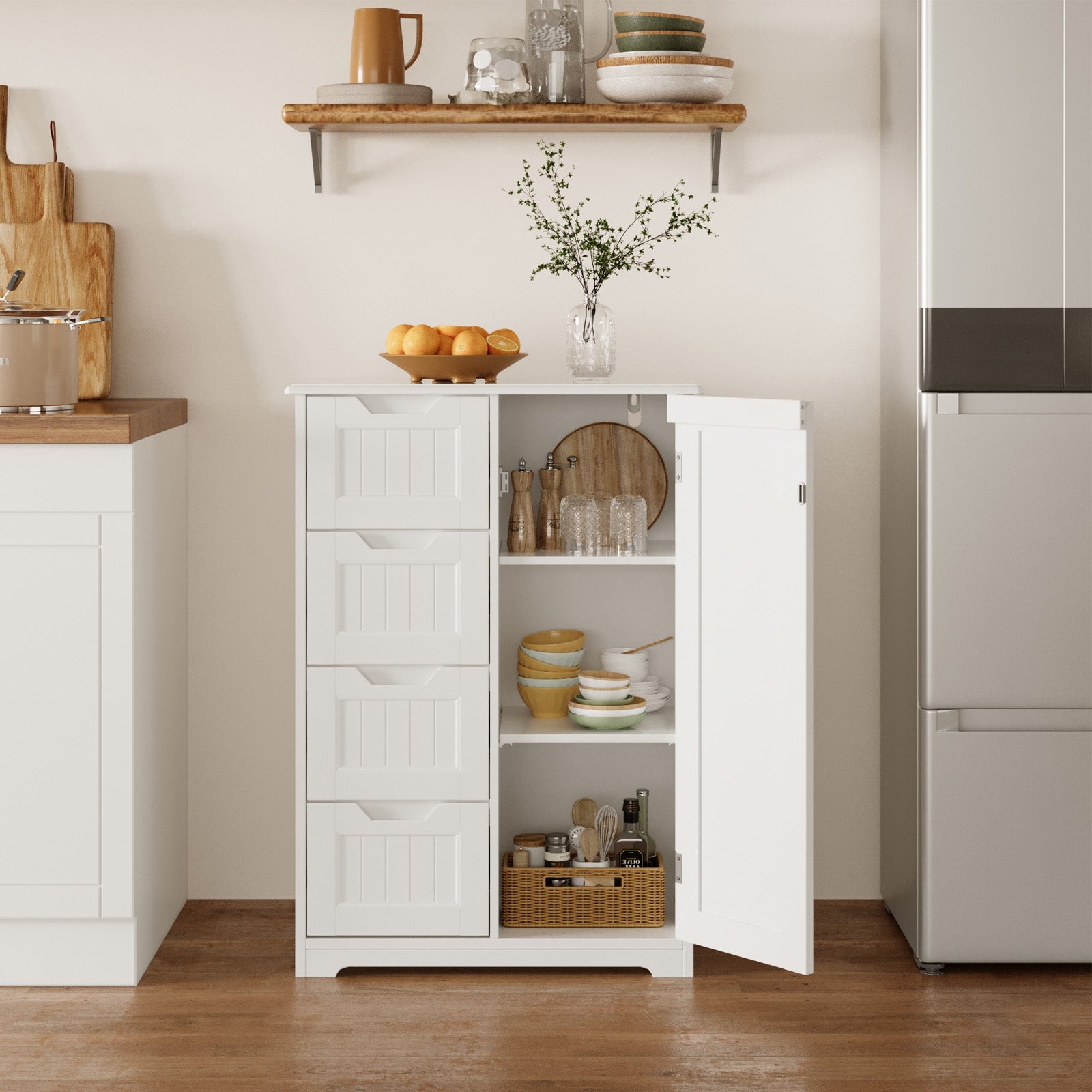 Bealife AP26 Meuble de salle de bain, Meuble de salle de bain étroit avec 4 tiroirs et 1 porte