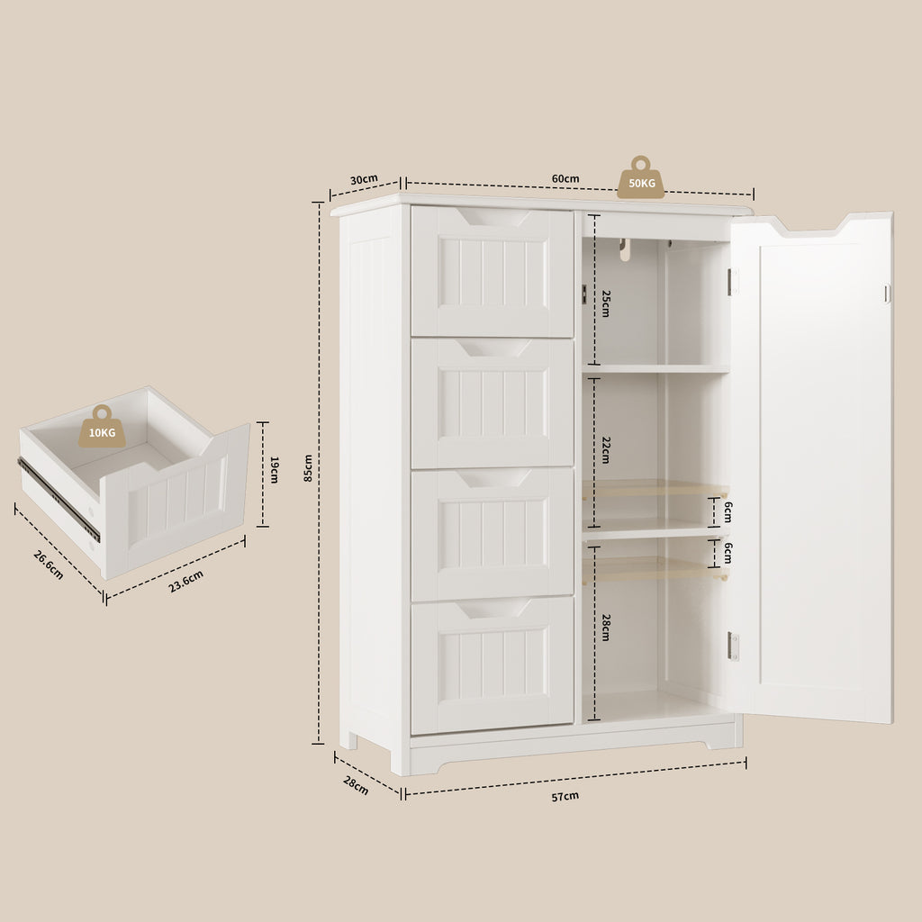 Bealife AP26 Bathroom Sideboard, Slim Bathroom Cabinet with 4 Drawers and 1 Door