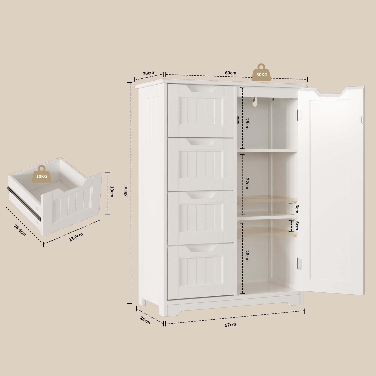Bealife AP26 Meuble de salle de bain, Meuble de salle de bain étroit avec 4 tiroirs et 1 porte