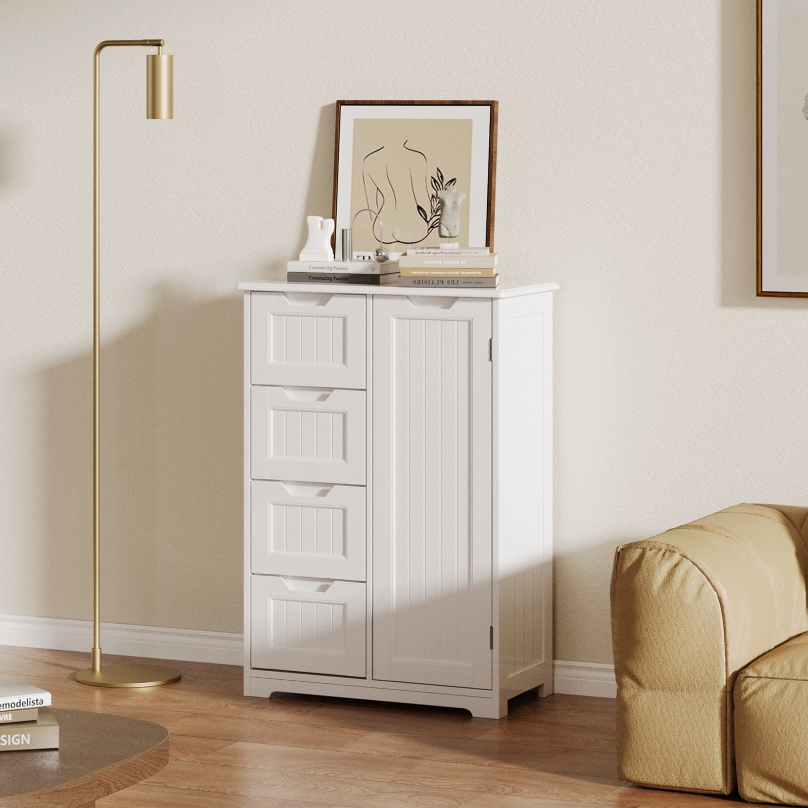 Bealife AP26 Bathroom Sideboard, Slim Bathroom Cabinet with 4 Drawers and 1 Door