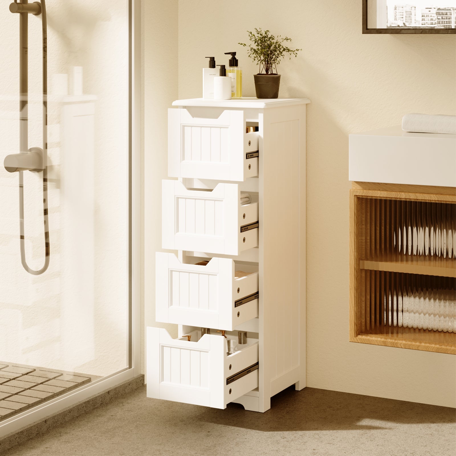 Bealife AP27 Commode à 4 tiroirs, Meuble étroit pour coins dans les chambres, les salles de bain et les salons.