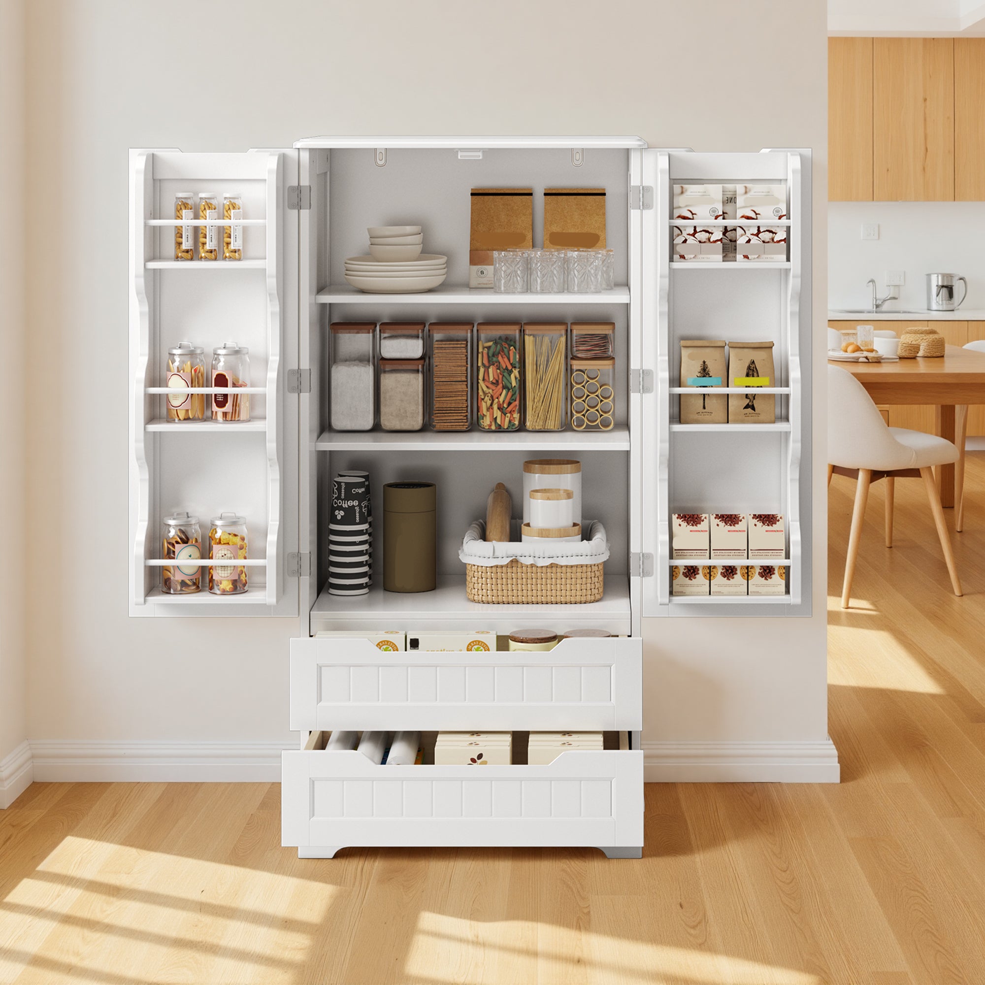 Bealife AP28 Sideboard Tall Kitchen Cabinet with 2 Drawers and 2 Doors, also as a Pantry Cabinet