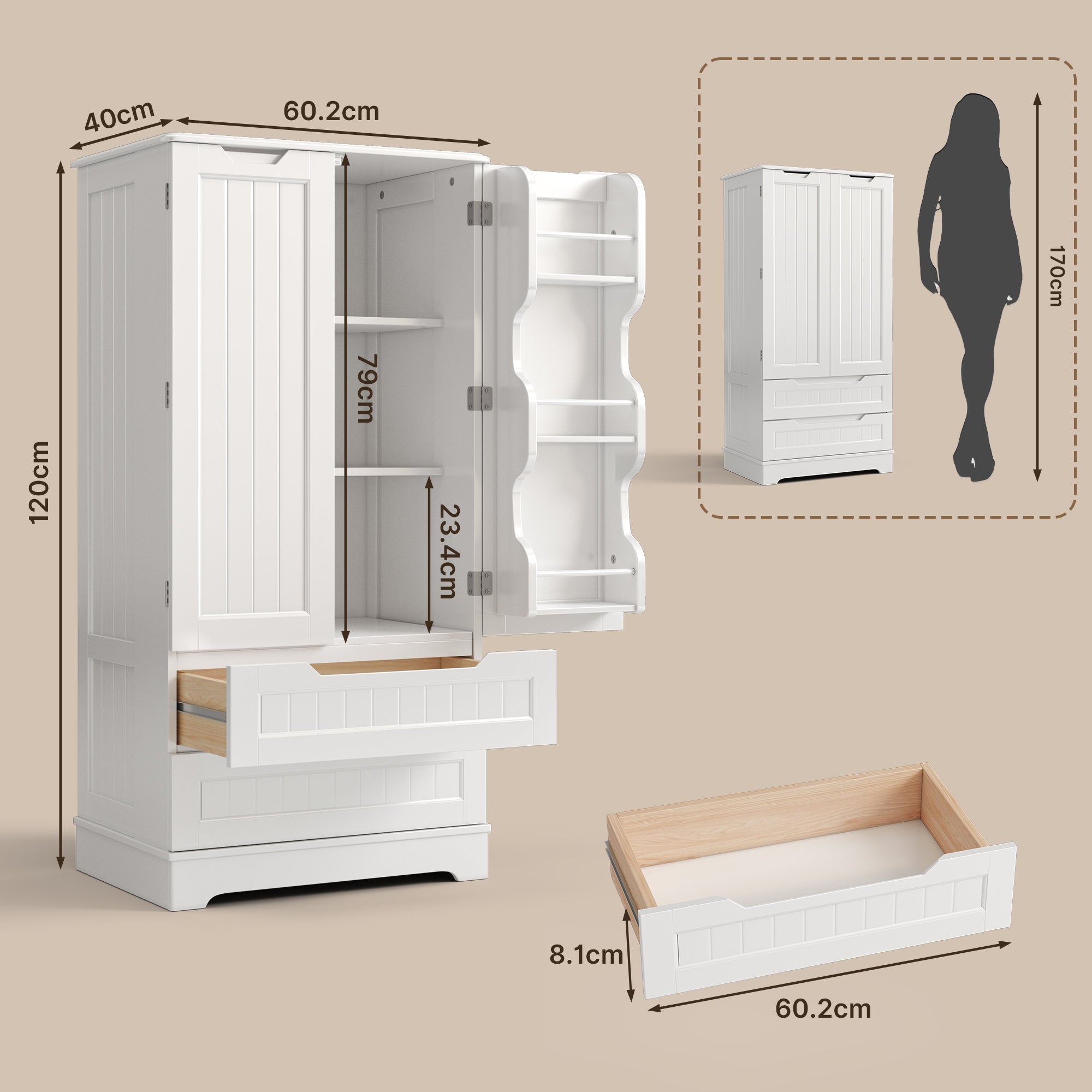 Bealife AP28 Sideboard Tall Kitchen Cabinet with 2 Drawers and 2 Doors, also as a Pantry Cabinet