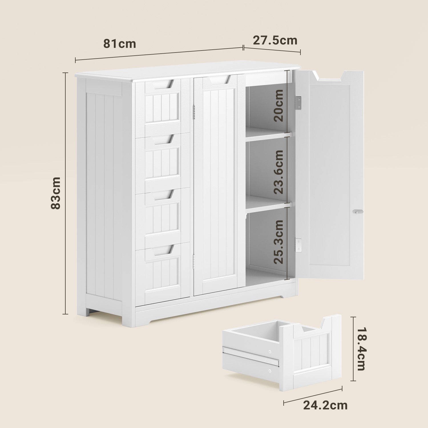 Meuble de salle de bain Bealife AP67, 4 tiroirs et 2 portes, réglable en hauteur