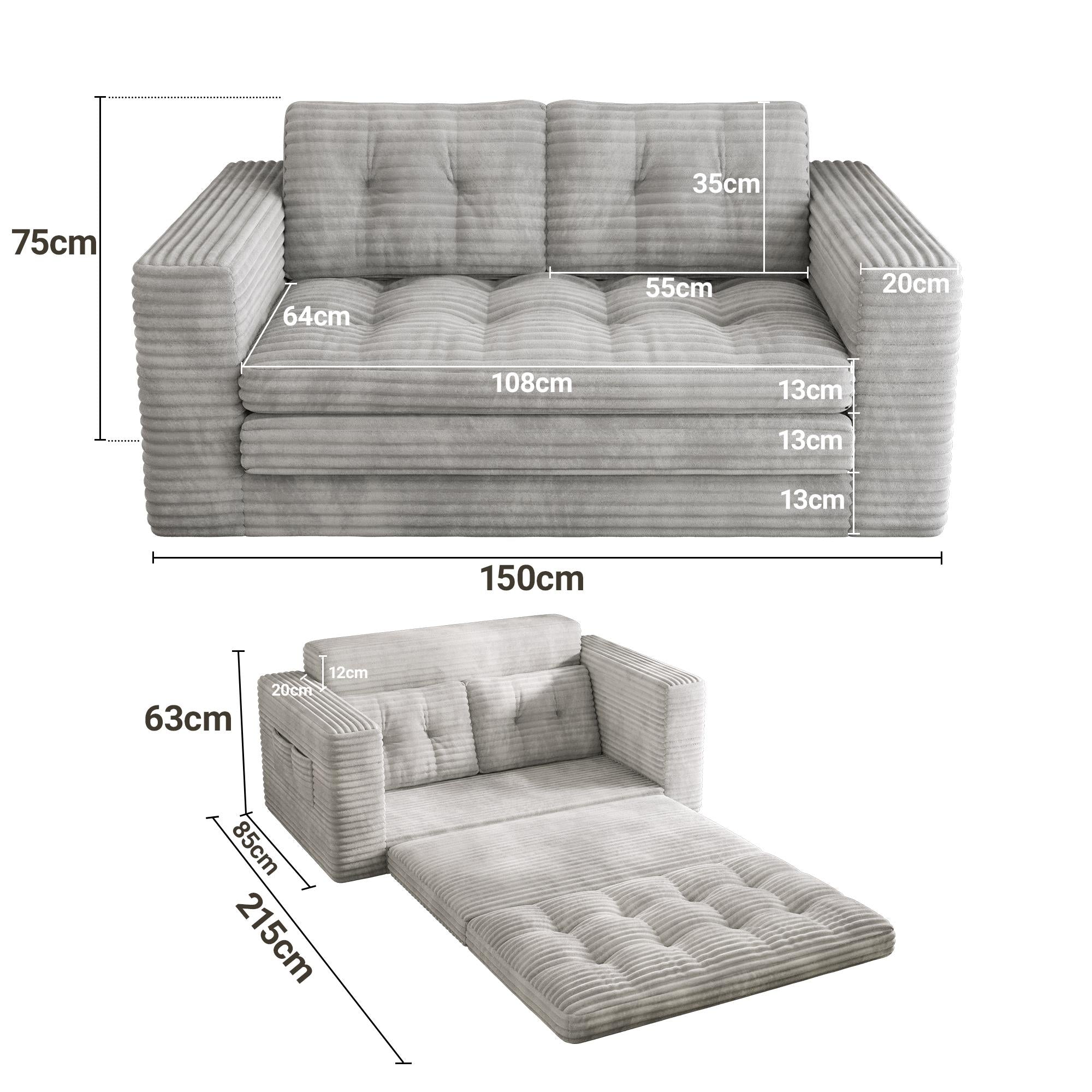 Bealife AR39 Canapé-lit convertible avec fonction couchage, canapé en velours côtelé de 150 cm avec dossier pour petits espaces