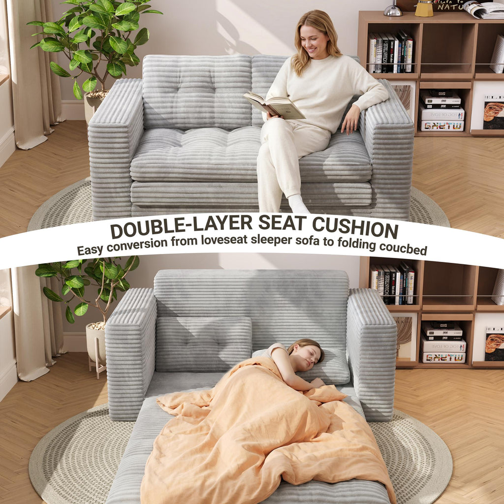 Bealife AR39 Convertible Sofa Bed with Sleeping Function, Corduroy Sofa 150cm with Backrest for Small Spaces