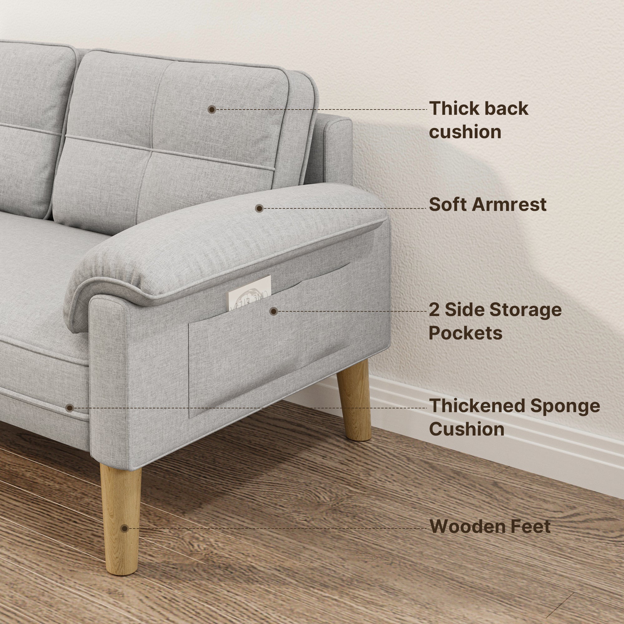 Bealife AR71 Canapé 2 Places Gris Avec Poches Latérales, Tissu Doux Pour La Peau & Construction Robuste