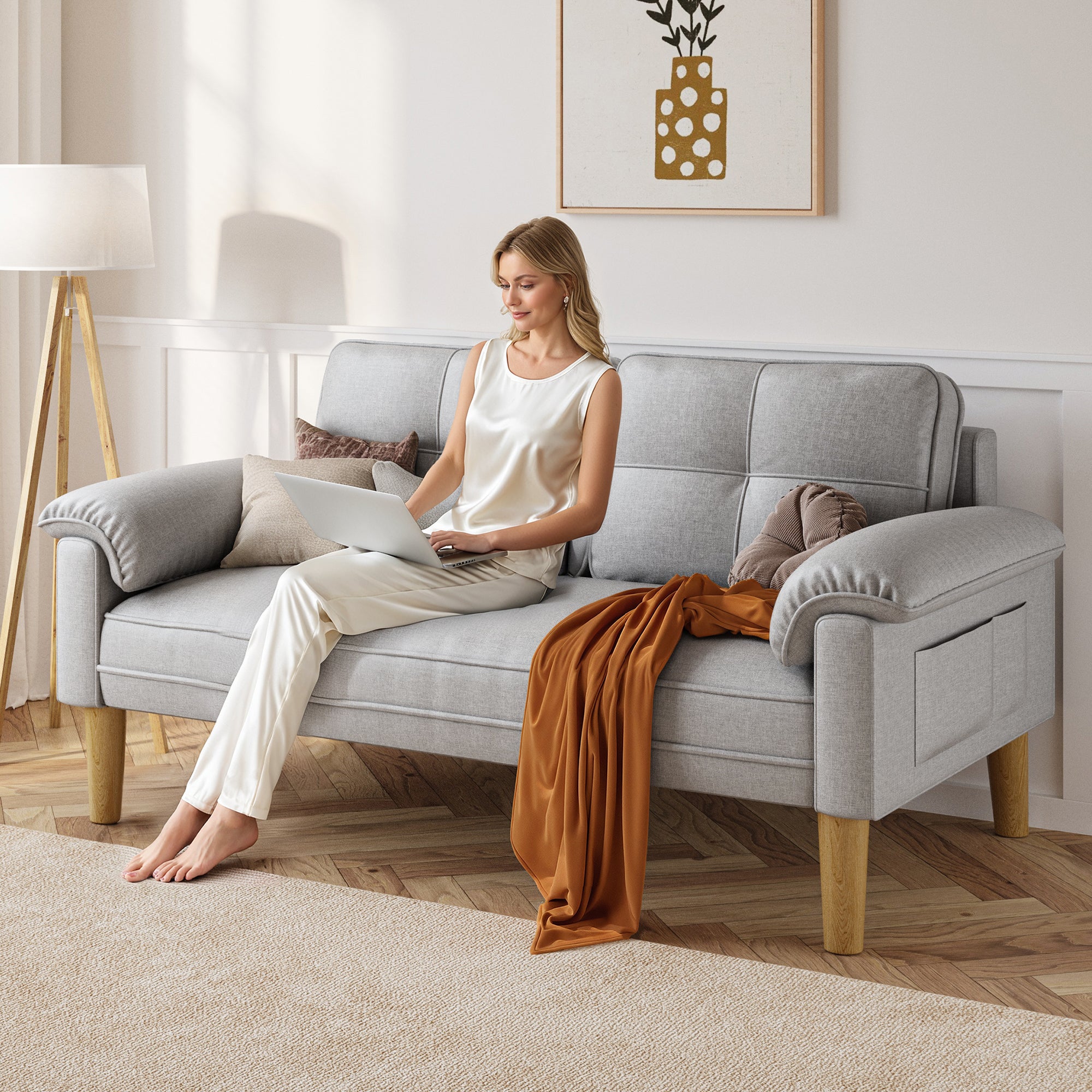 Bealife AR71 Canapé 2 Places Gris Avec Poches Latérales, Tissu Doux Pour La Peau & Construction Robuste