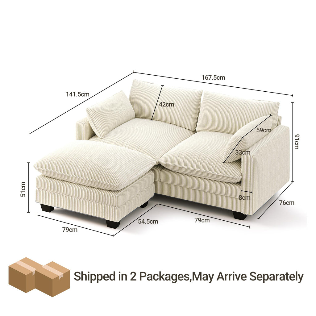 Bealife AR88 Canapé d'angle modulaire peu encombrant, petit canapé 2 places en velours côtelé avec pouf