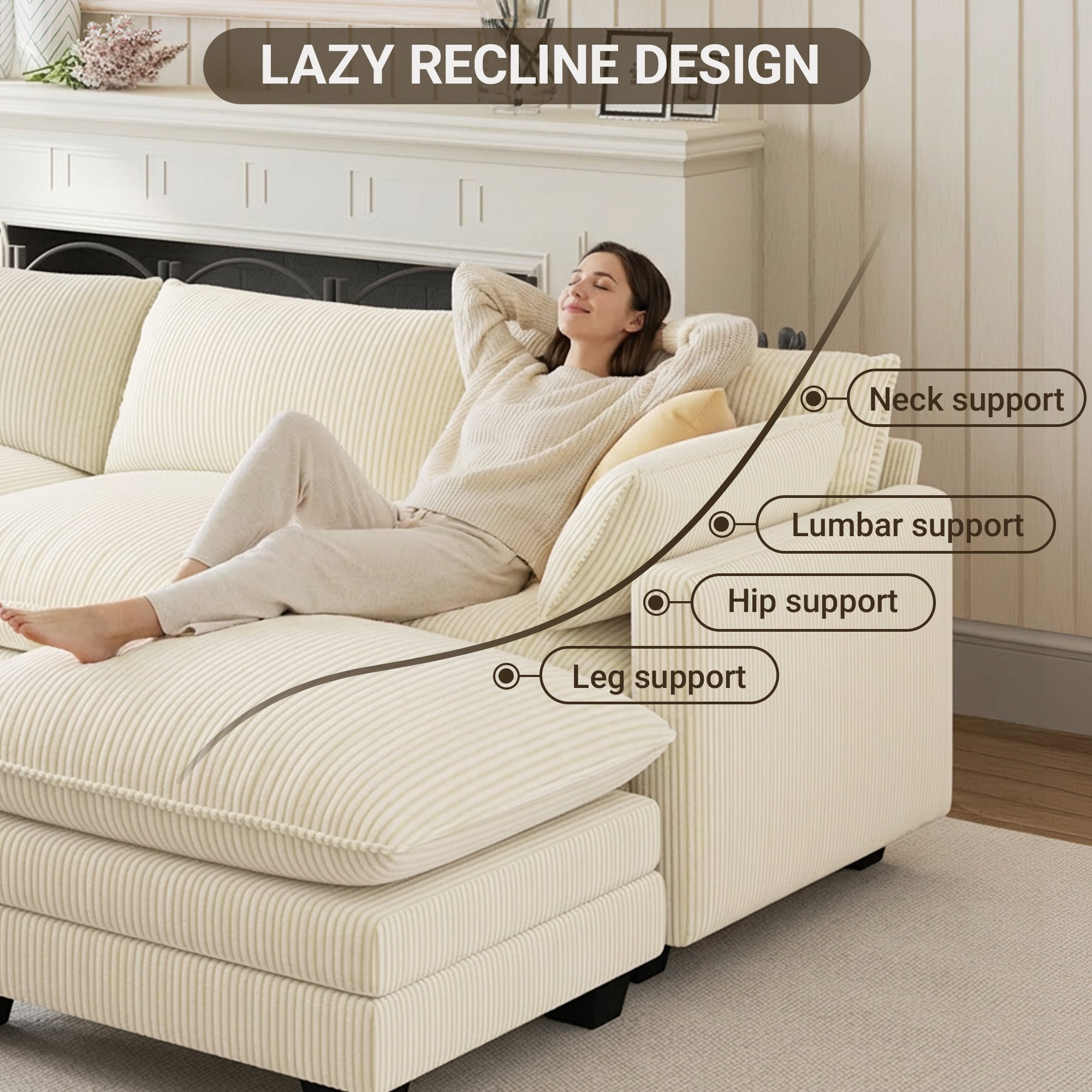 Bealife AR89 Canapé d'angle en U, Canapé Modulaire 4 Places en Velours Côtelé avec 2 Ottomans Pour Salons Spacieux | 320x76x91 cm