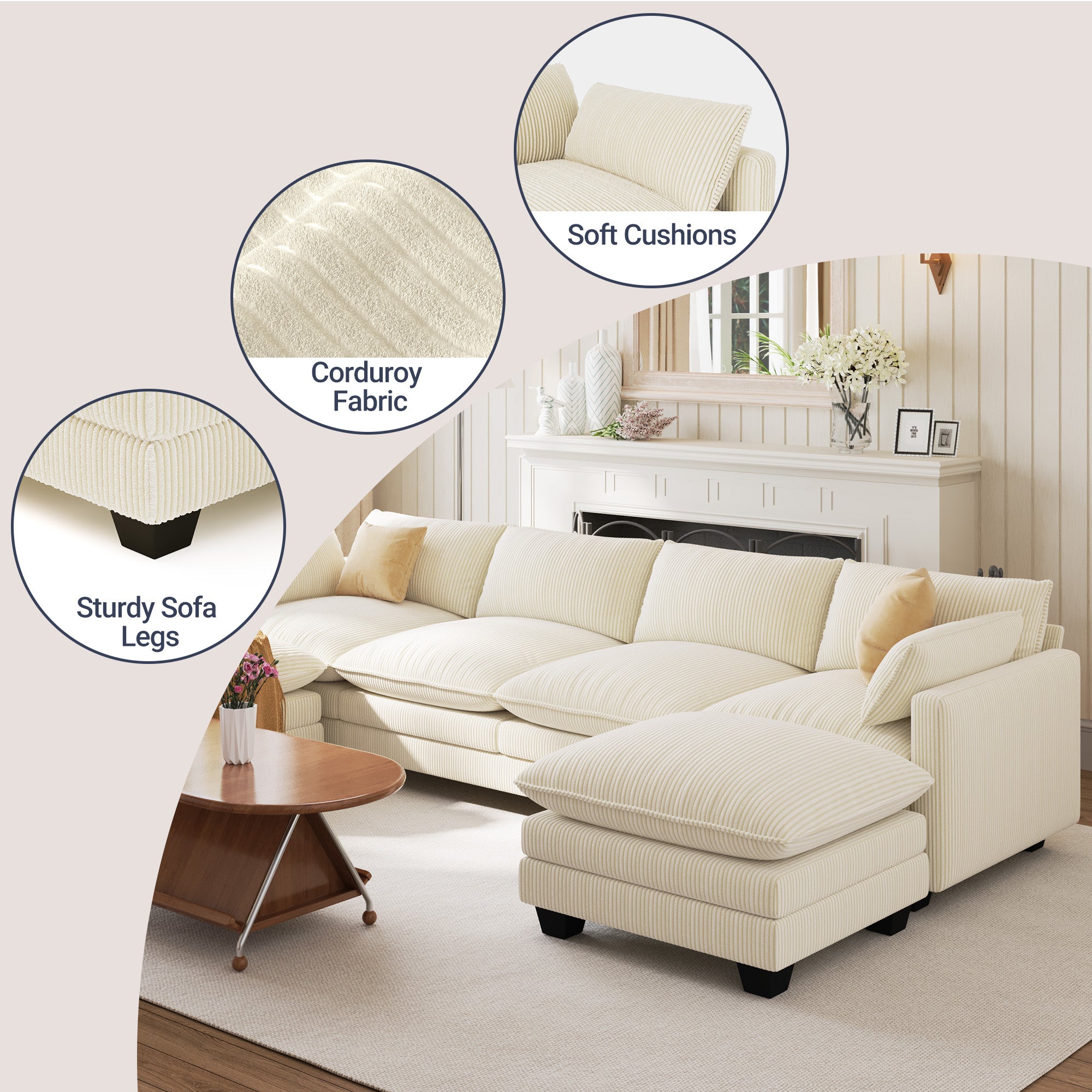 Bealife AR89 U-shaped Corner Sofa, Modular 4-Seater Corduroy Sofa with 2 Ottomans For Spacious Living Rooms | 320x76x91 cm
