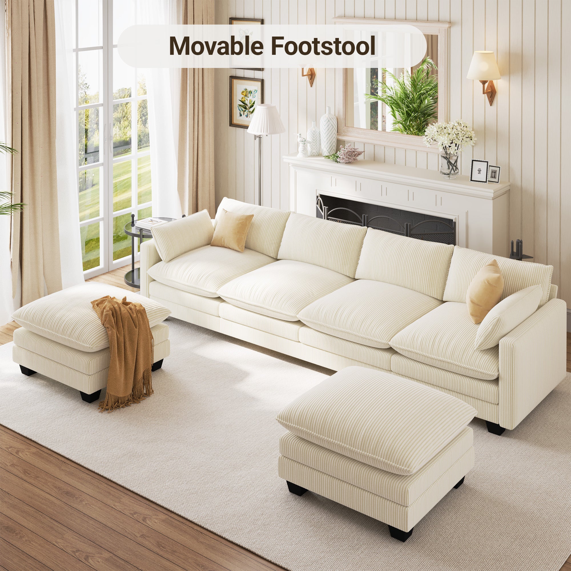 Bealife AR89 U-shaped Corner Sofa, Modular 4-Seater Corduroy Sofa with 2 Ottomans For Spacious Living Rooms | 320x76x91 cm