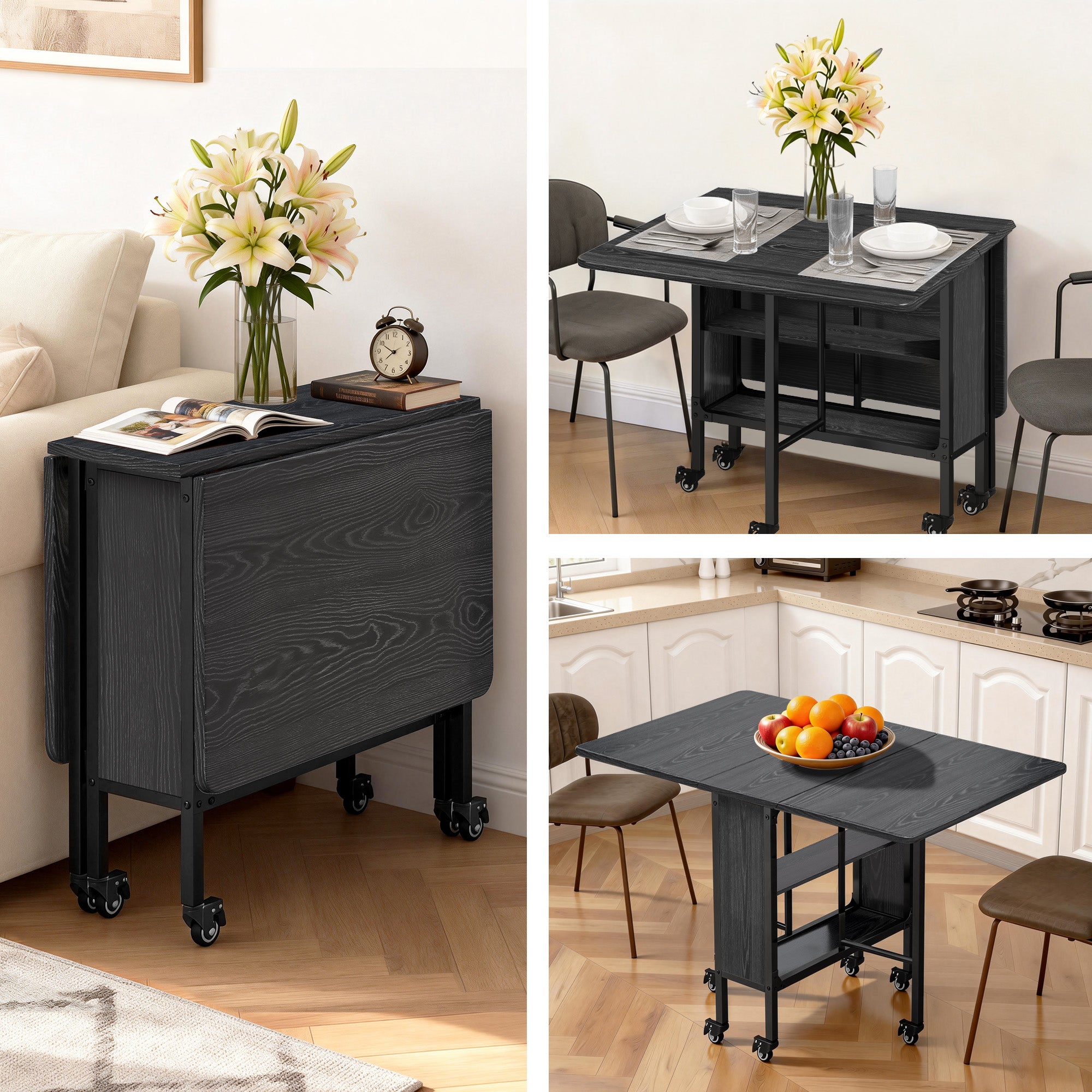 Bealife TB66 3-in-1 Folding Dining Table, Kitchen Island with Wheels for Small Kitchens, Dining Rooms, Home Offices