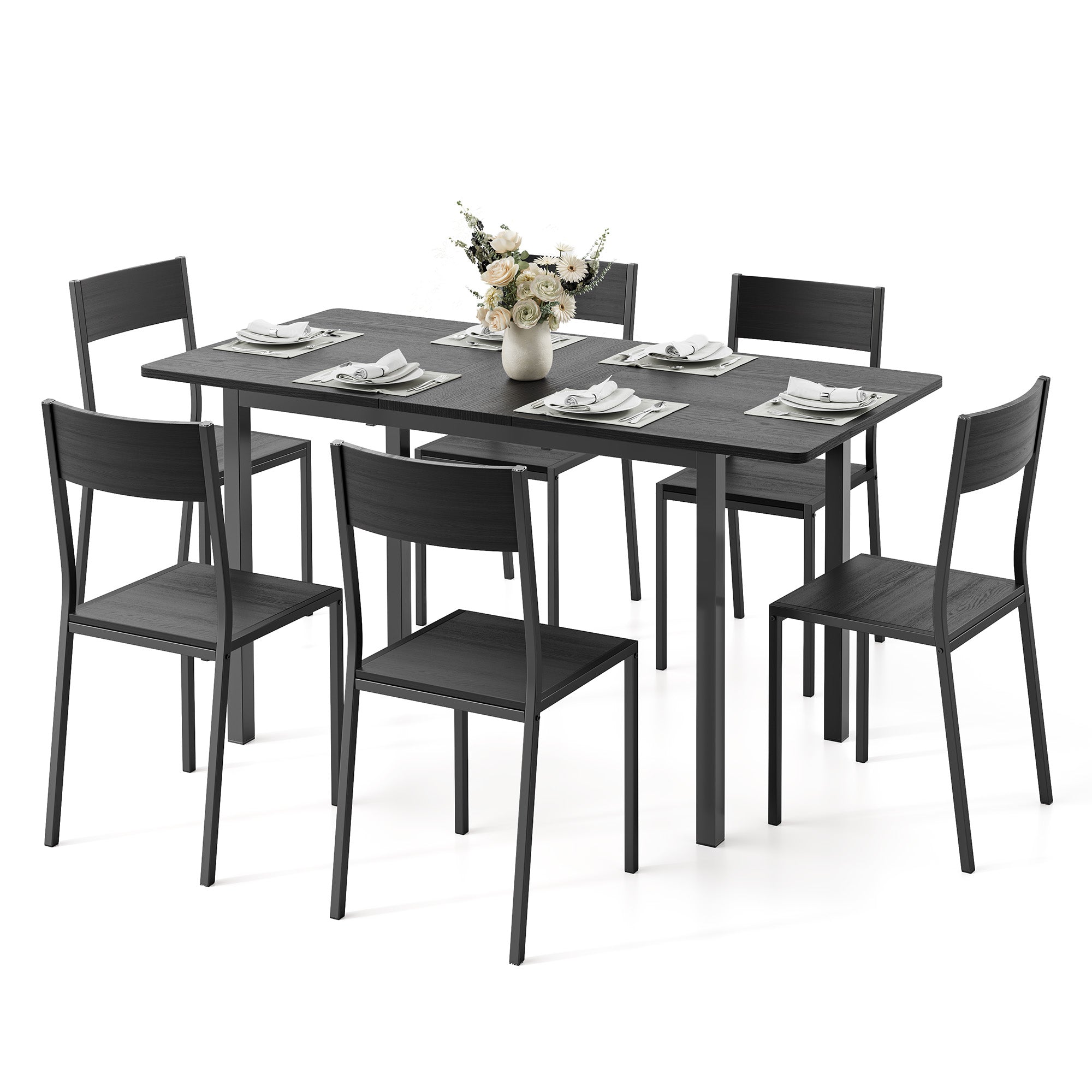 Table à manger extensible Bealfie TB78 et 6 chaises, Ensemble de salle à manger 7 pièces avec cadre en métal pour salle à manger et cuisine