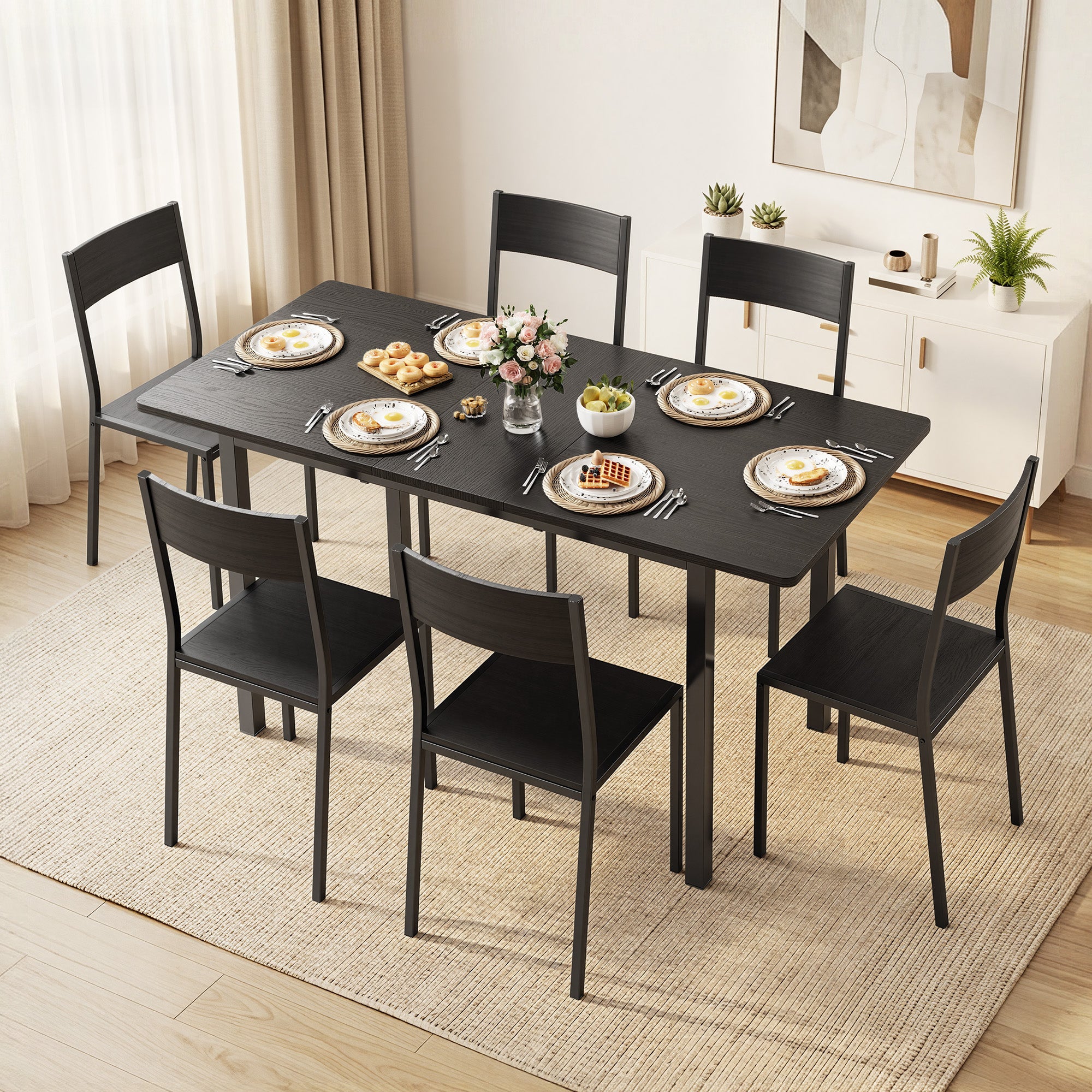 Table à manger extensible Bealfie TB78 et 6 chaises, Ensemble de salle à manger 7 pièces avec cadre en métal pour salle à manger et cuisine