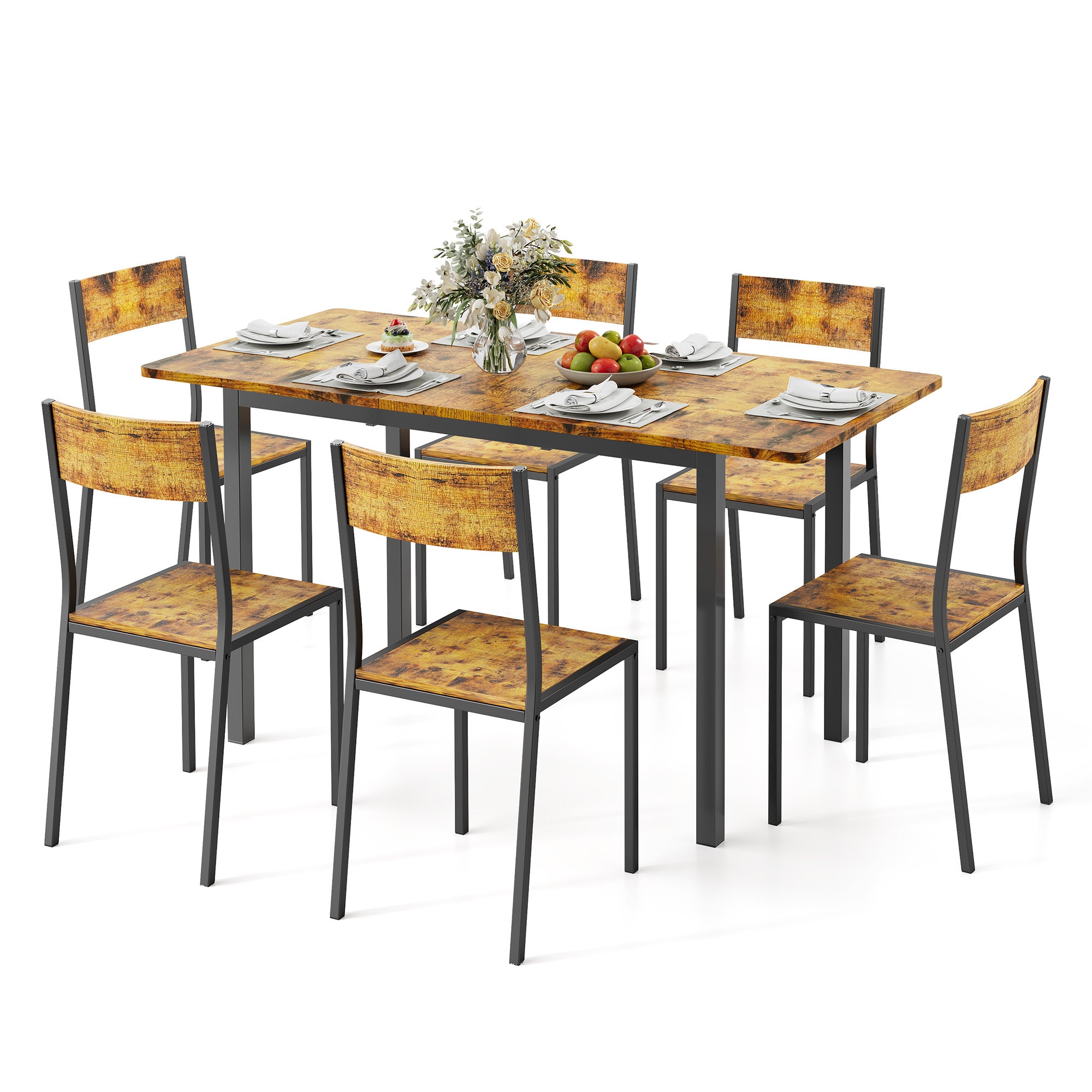 Table à manger extensible Bealfie TB78 et 6 chaises, Ensemble de salle à manger 7 pièces avec cadre en métal pour salle à manger et cuisine