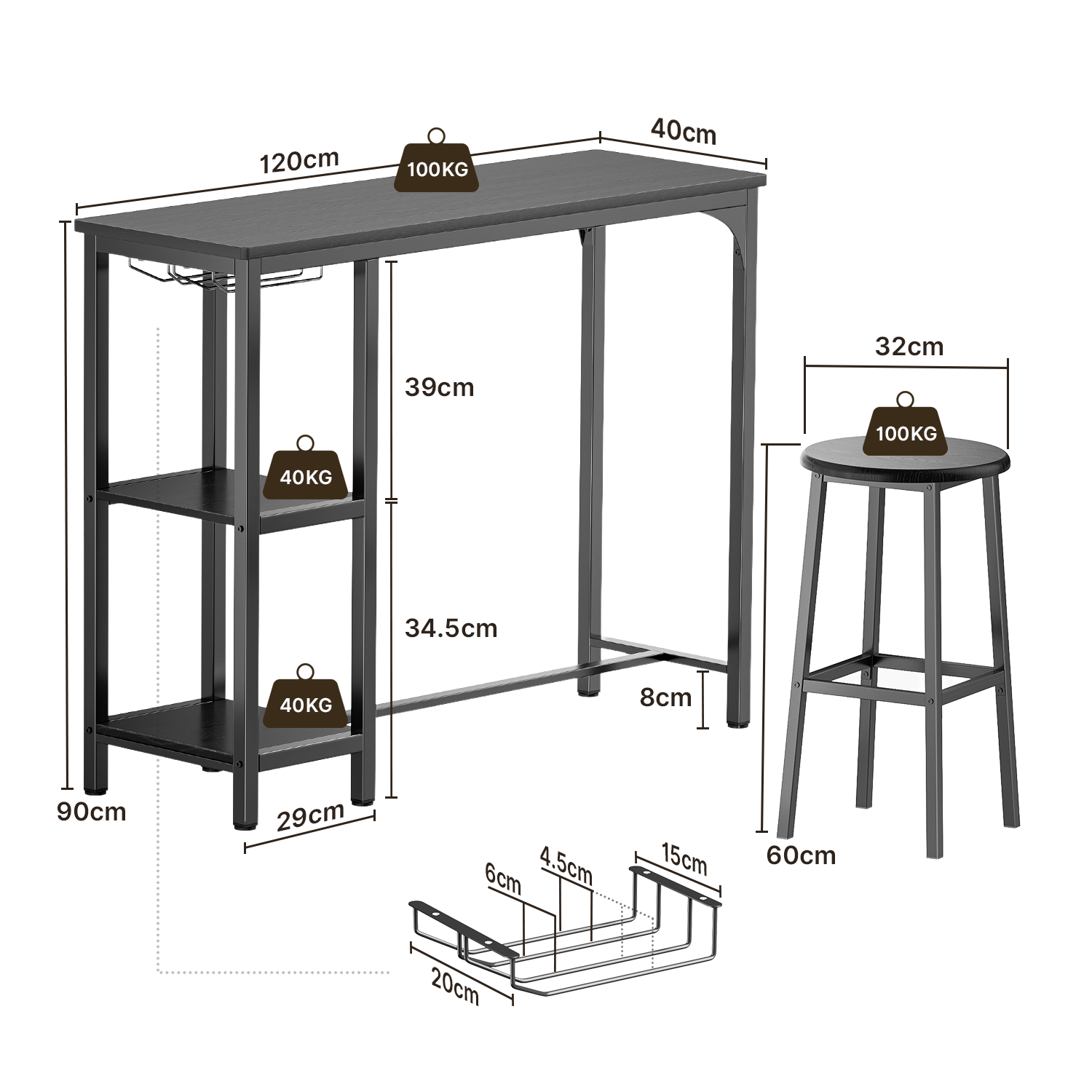 Bealife TB31 Ensemble de table de bar avec 2 tabourets de bar, compact pour 2 personnes